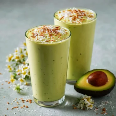 A creamy and refreshing Avocolada Tropical Smoothie made with avocado, pineapple, and coconut water, served in a glass with a tropical garnish.