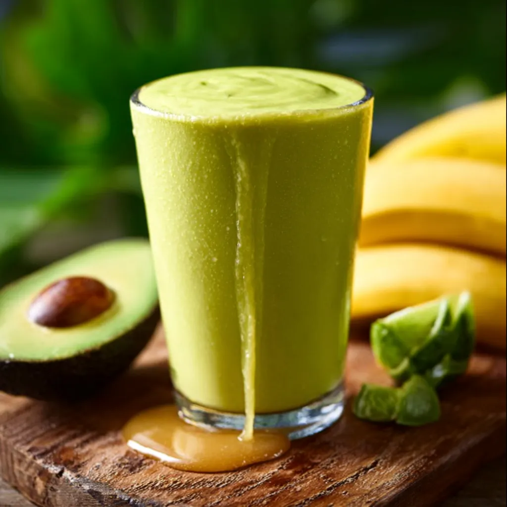 A creamy and refreshing Avocolada Tropical Smoothie made with avocado, pineapple, and coconut water, served in a glass with a tropical garnish.