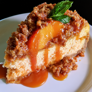 Peach Crumble Cheesecake with Caramel Drizzle