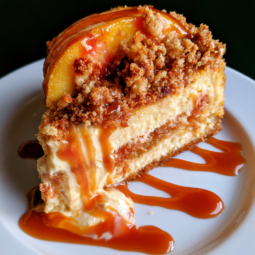 Peach Crumble Cheesecake with Caramel Drizzle