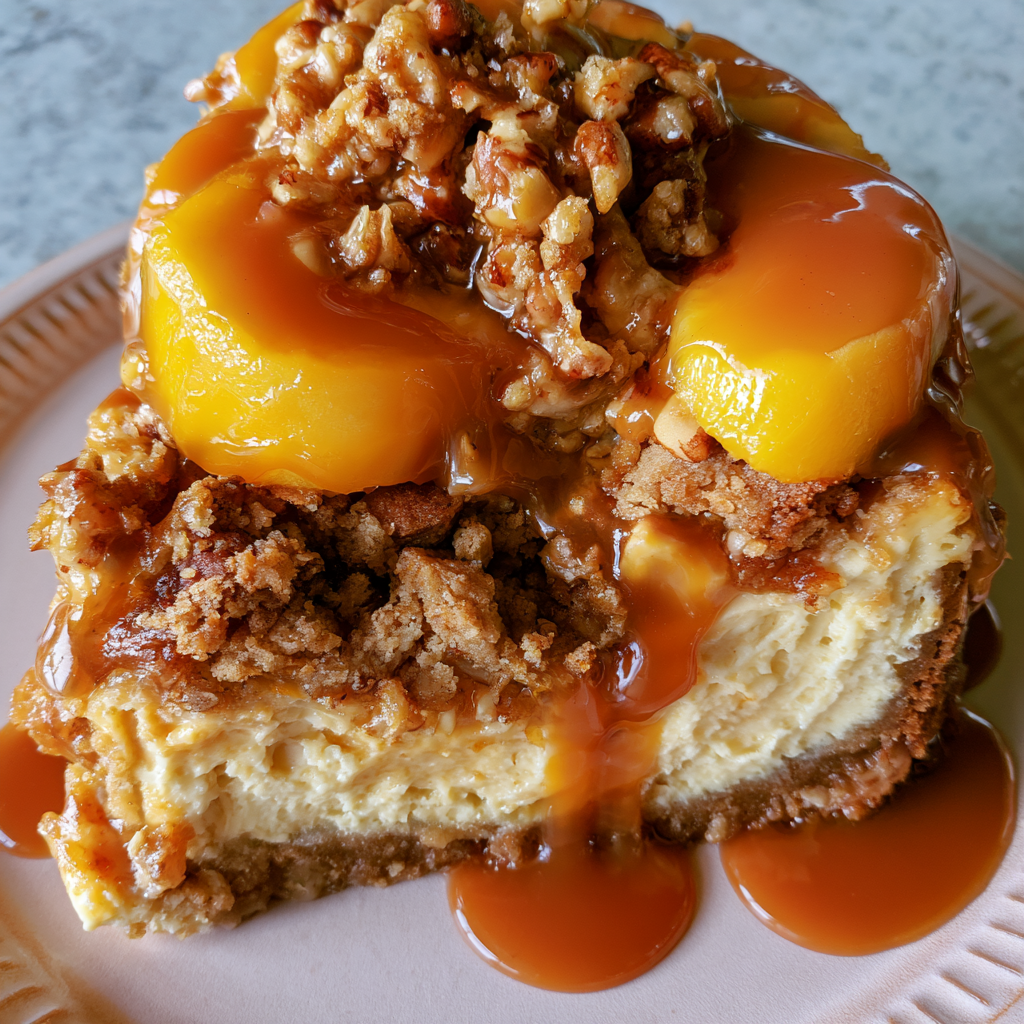 Peach Crumble Cheesecake with Caramel Drizzle