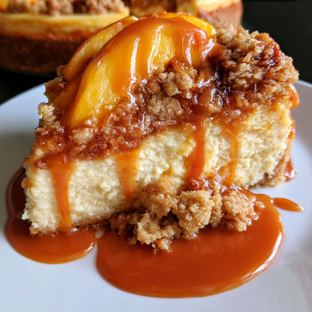 Peach Crumble Cheesecake with Caramel Drizzle