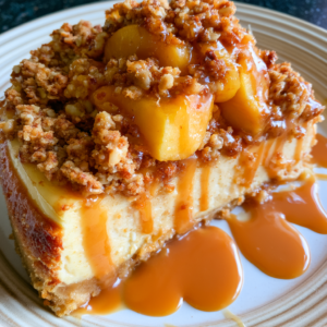 Peach Crumble Cheesecake with Caramel Drizzle