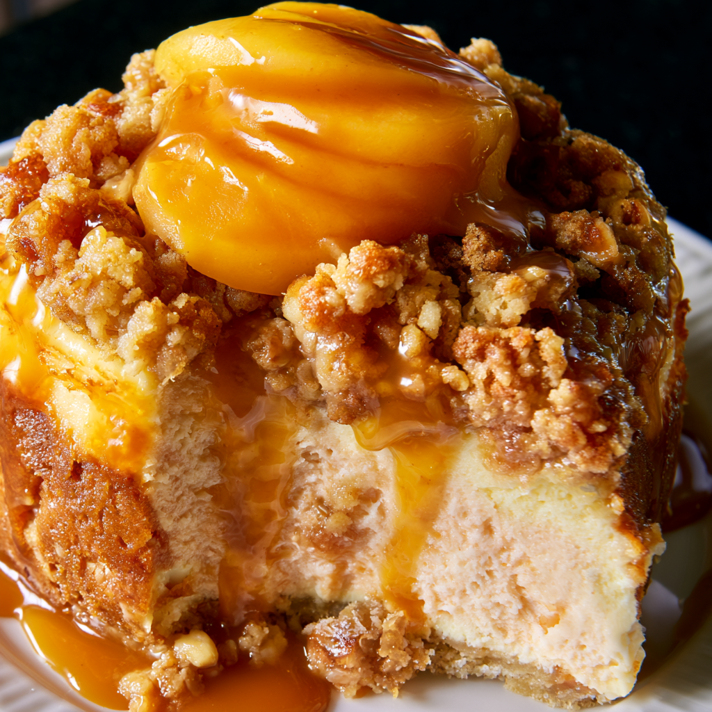 Peach Crumble Cheesecake with Caramel Drizzle