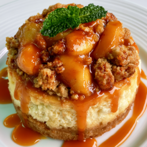 Peach Crumble Cheesecake with Caramel Drizzle