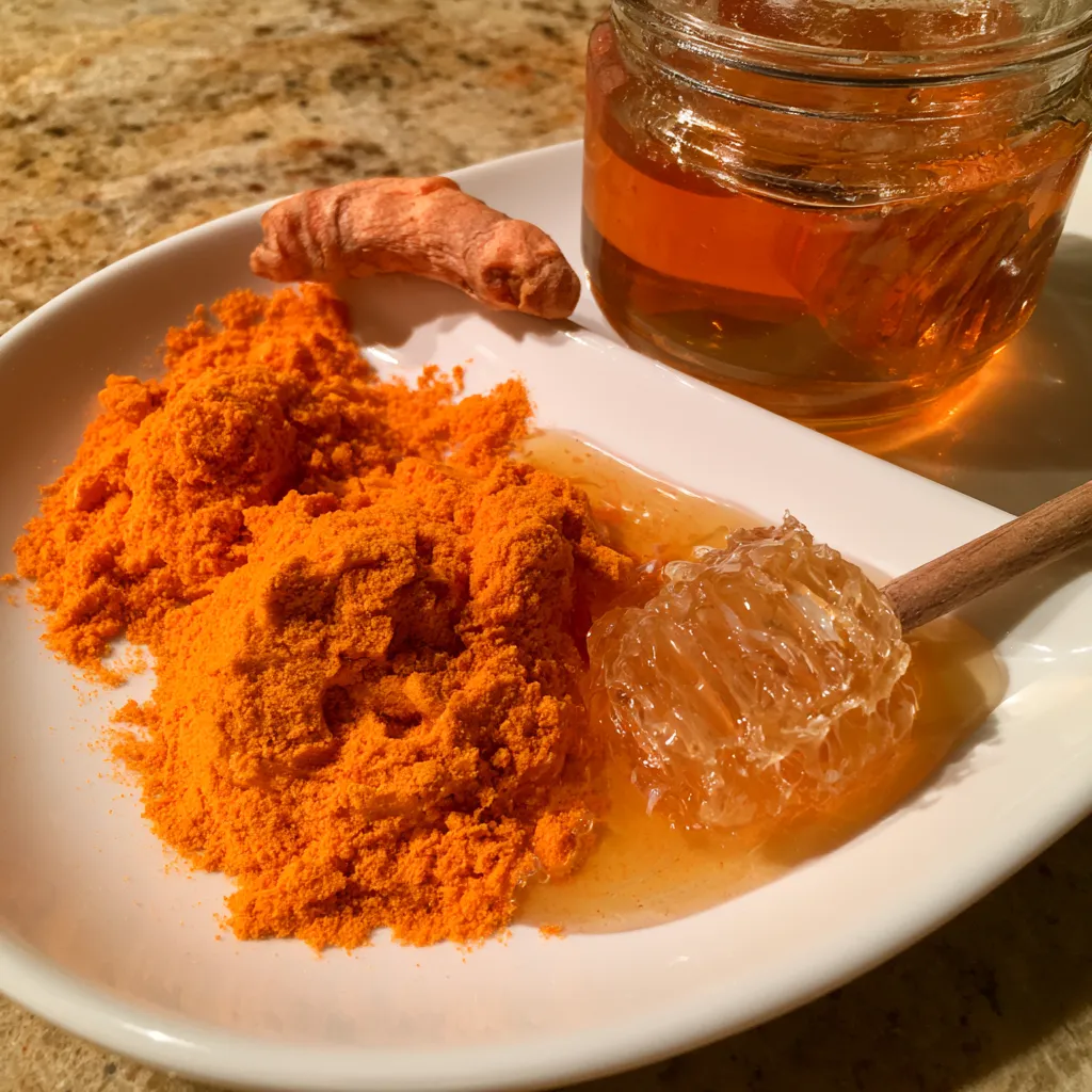 Homemade turmeric and honey golden honey recipe in a glass jar with turmeric powder and natural honey