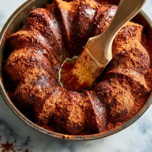 Greasing a fluted Bundt cake pan with butter and dusting with cocoa powder for chocolate peppermint cake.