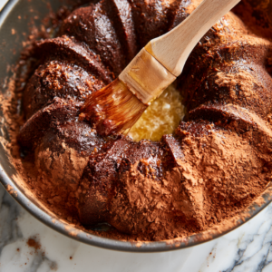 Greasing a fluted Bundt cake pan with butter and dusting with cocoa powder for chocolate peppermint cake.