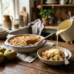 Apple crumble with oat topping served with custard