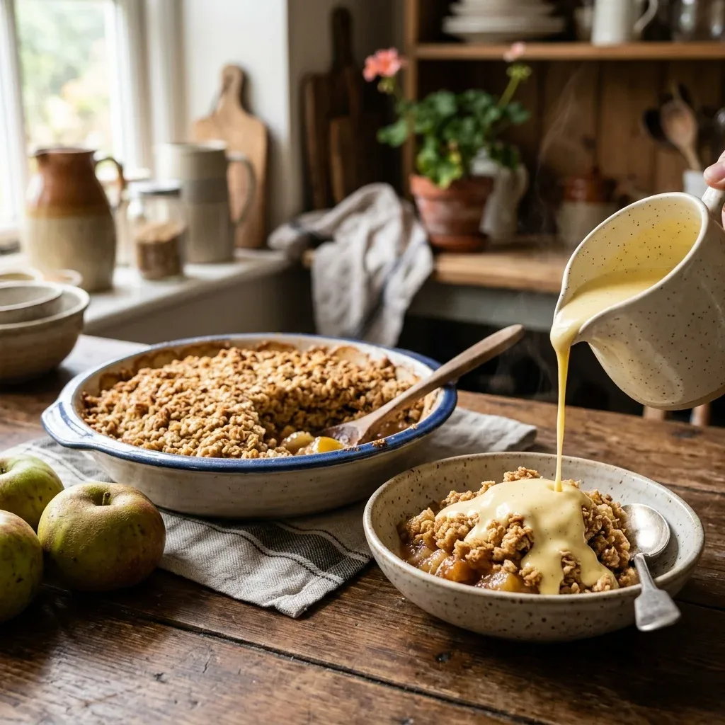 Apple crumble with oat topping served with custard