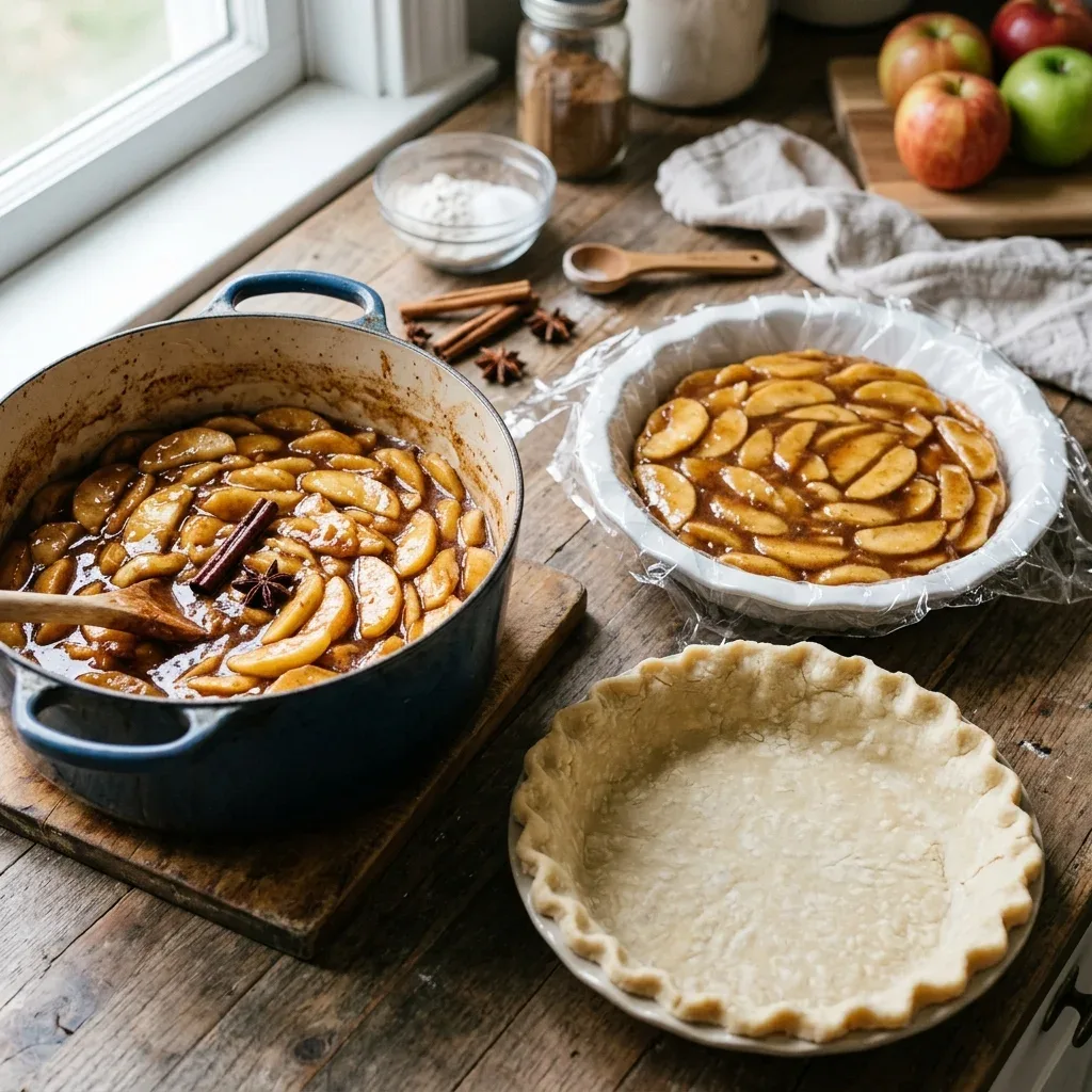 Homemade apple pie filling prepared for freezing