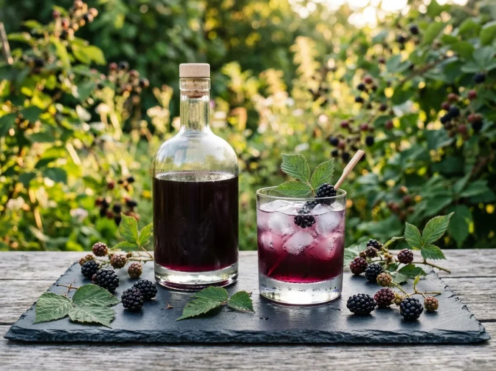 Homemade blackberry vodka in a bottle with fresh blackberries