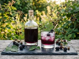 Homemade blackberry vodka in a bottle with fresh blackberries