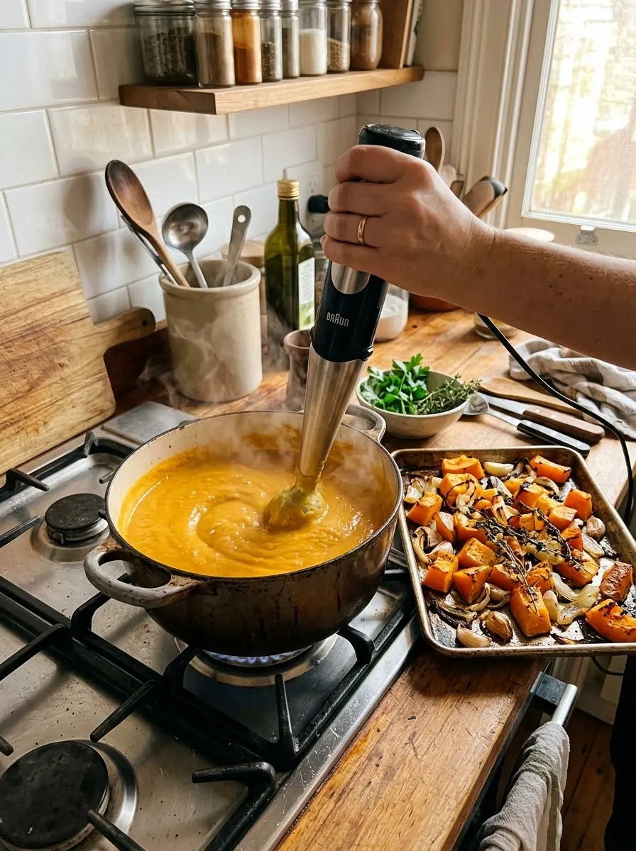 Blending roasted pumpkin soup smooth with an immersion blender on the stove