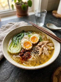 Broth bowl with golden bone broth, rice noodles, jammy egg, bok choy, scallions and chili crisp