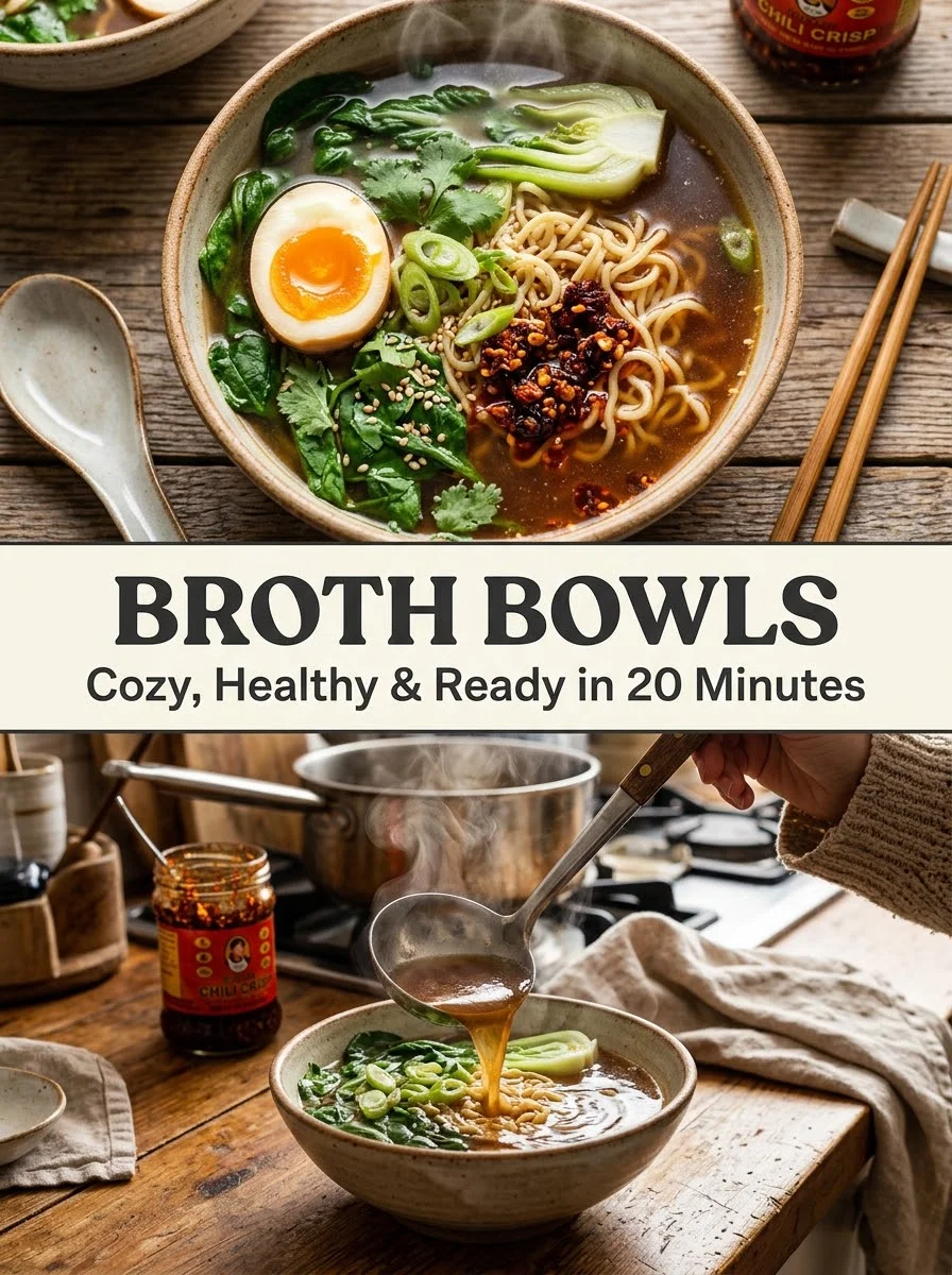 Easy broth bowls with jammy egg, noodles and greens ready in 20 minutes