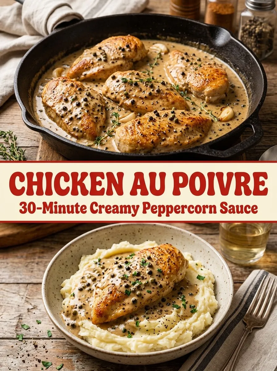 Chicken au poivre with creamy peppercorn sauce in a skillet and over mashed potatoes, 30-minute recipe