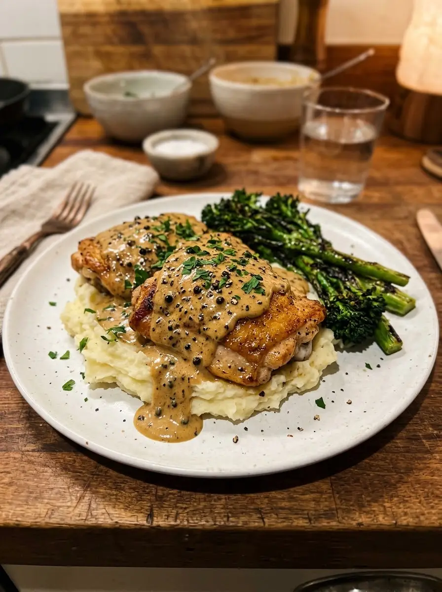 Chicken au poivre with creamy peppercorn sauce over mashed potatoes with charred broccolini