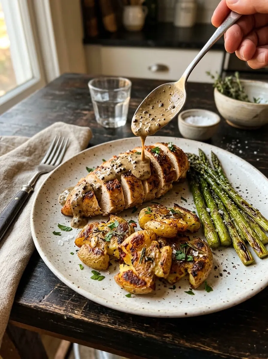 Spoon drizzling creamy peppercorn sauce over sliced chicken breast with smashed potatoes and asparagus
