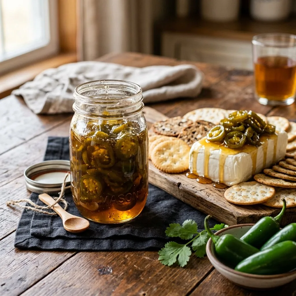 Jar of cowboy candy candied jalapenos with cream cheese and crackers