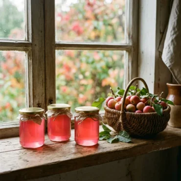 Jars of pink crabapple jelly with a basket of crabapples