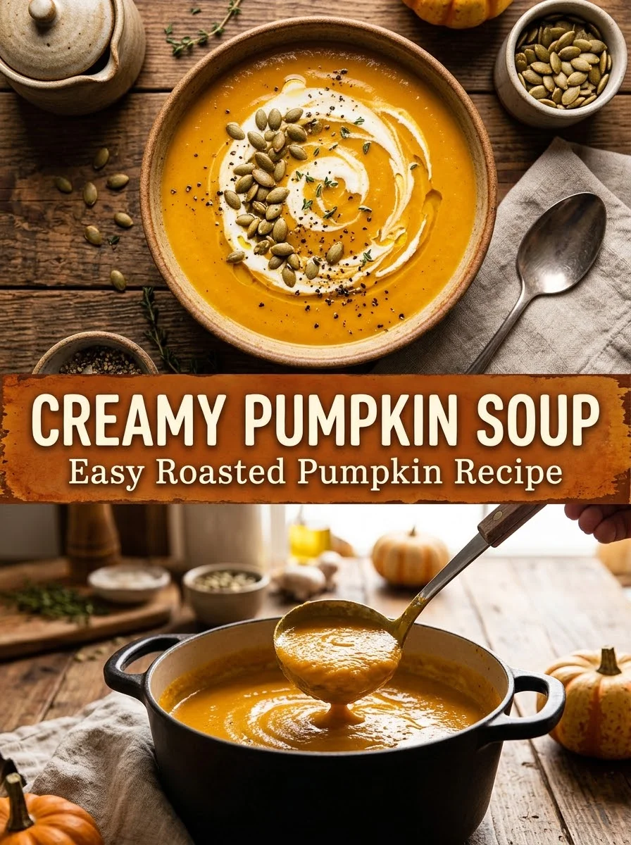 Creamy roasted pumpkin soup in a bowl and a pot, easy pumpkin soup recipe