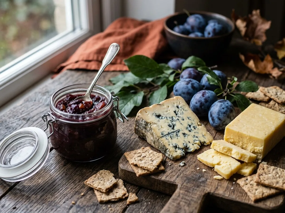 Spiced damson chutney with Stilton and cheddar
