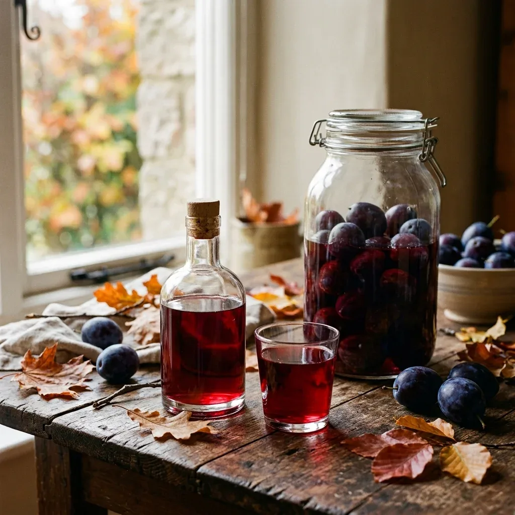 Homemade damson gin in a bottle with a jar of damsons