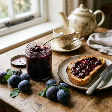 Homemade damson jam in a jar with toast and fresh damsons