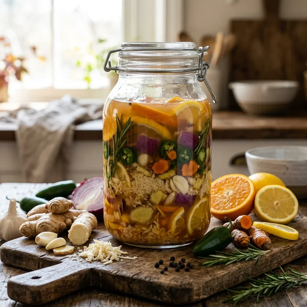 Jar of homemade fire cider with horseradish, ginger, garlic and citrus