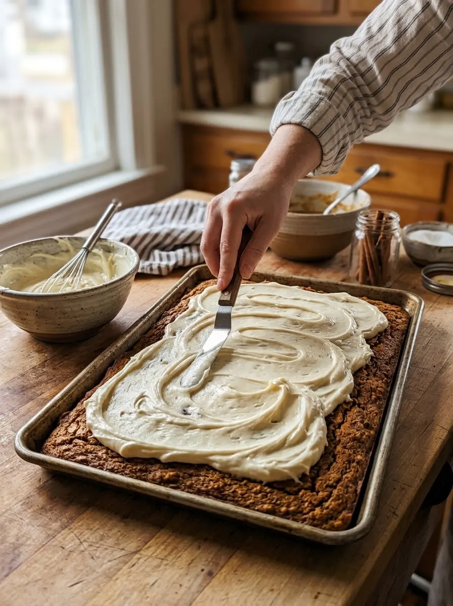 Spreading cream cheese frosting over a sheet pan of pumpkin bars
