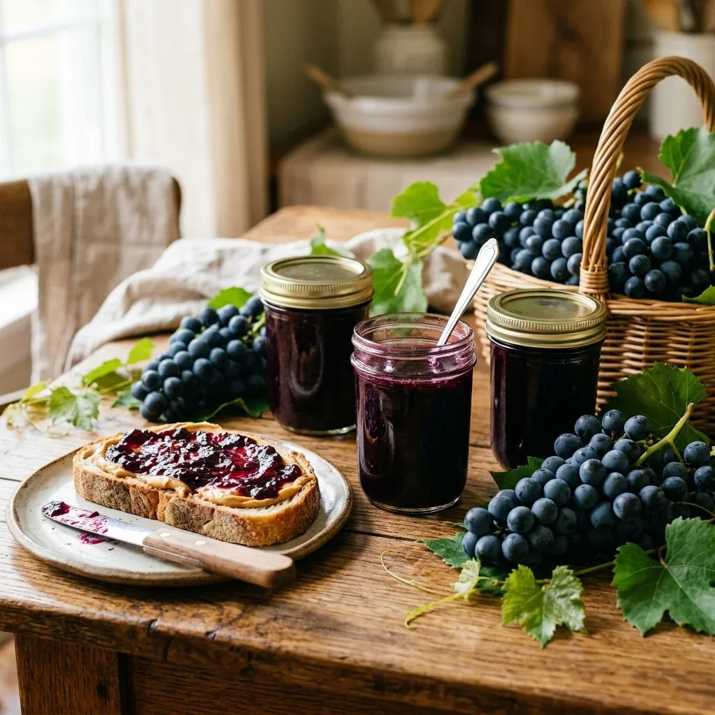 Homemade Concord grape jelly with fresh grapes