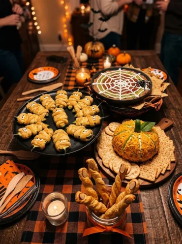 Halloween appetizer spread with mummy jalapeno poppers, spiderweb dip and a pumpkin cheese ball