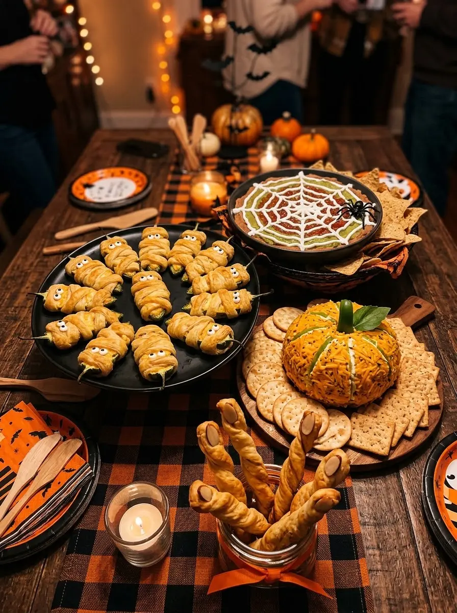 Halloween appetizer spread with mummy jalapeno poppers, spiderweb dip and a pumpkin cheese ball