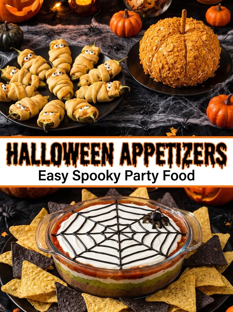 Easy Halloween appetizers: mummy poppers, pumpkin cheese ball and spiderweb dip