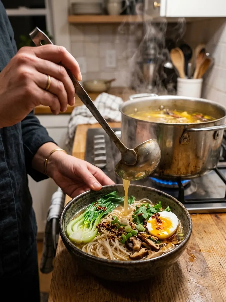 Ladling hot broth over noodles, greens and a soft-boiled egg for a broth bowl
