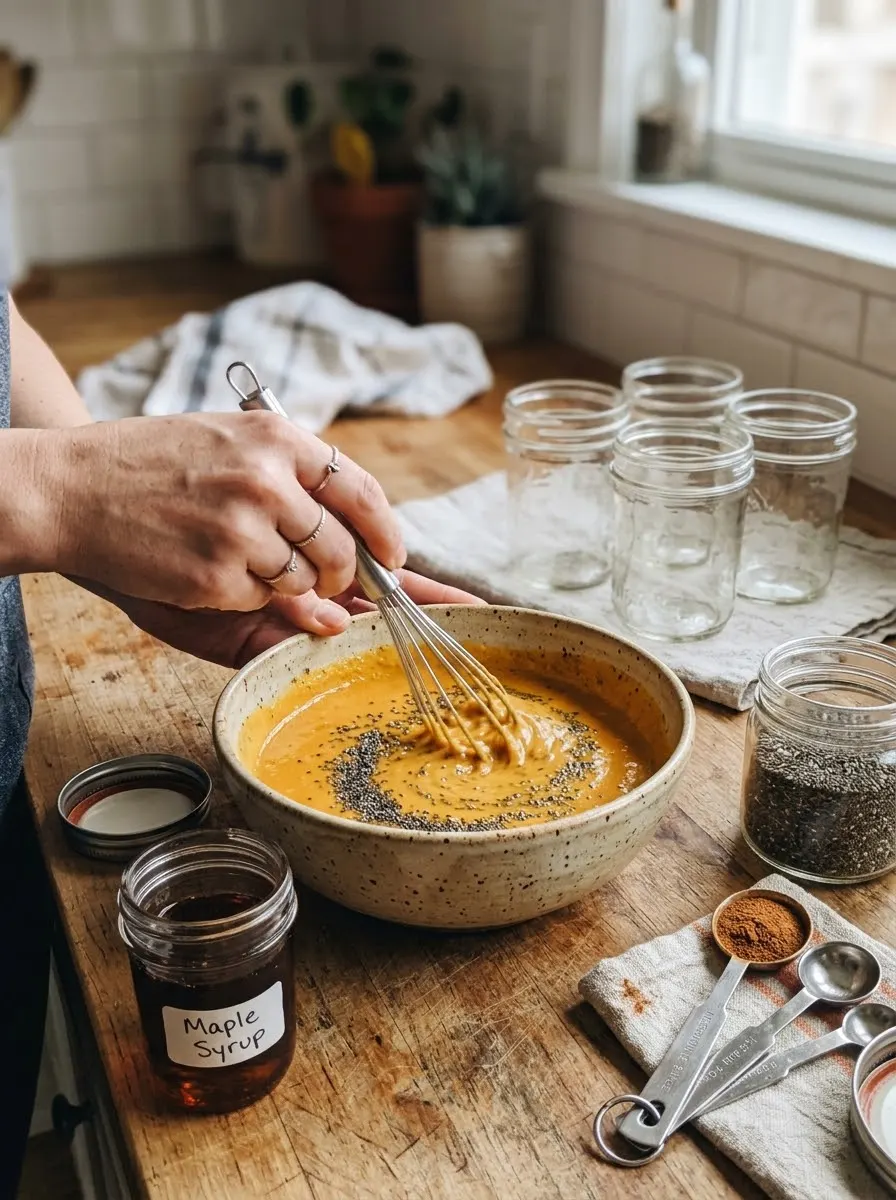 Whisking chia seeds into creamy pumpkin milk mixture for pumpkin chia pudding