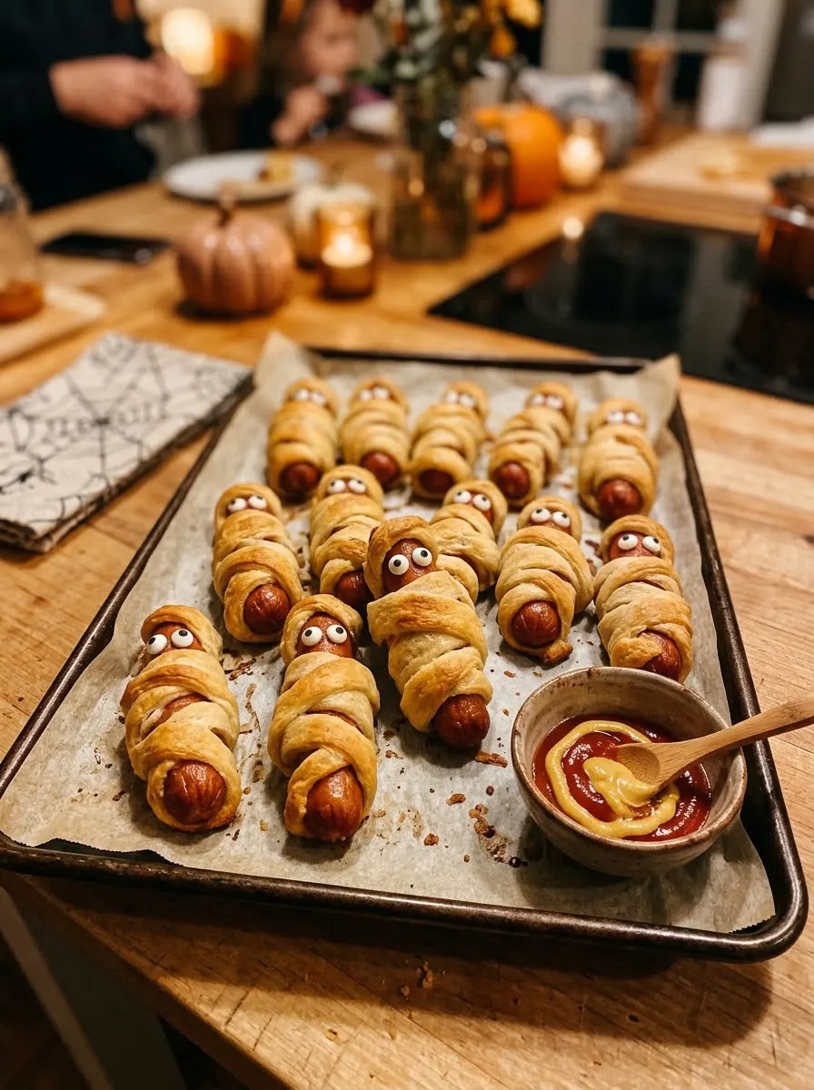 Mummy hot dogs wrapped in crescent dough with candy eyes on a baking sheet