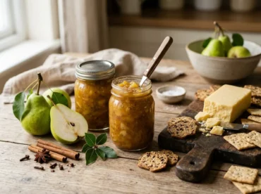 Jars of spiced pear chutney with cheddar and crackers