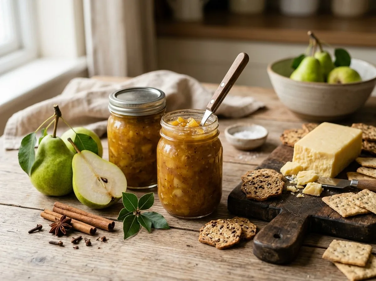 Jars of spiced pear chutney with cheddar and crackers
