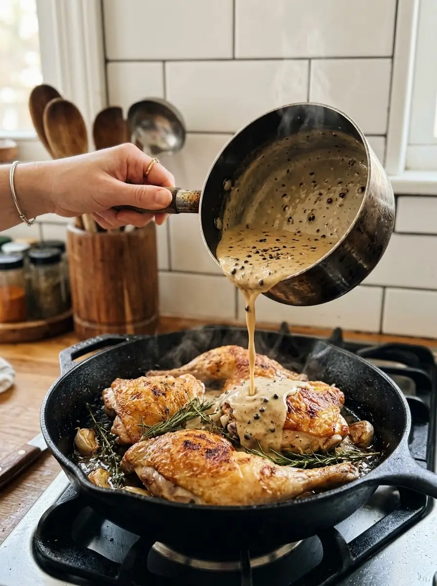 Pouring creamy peppercorn sauce over seared chicken in a cast iron skillet