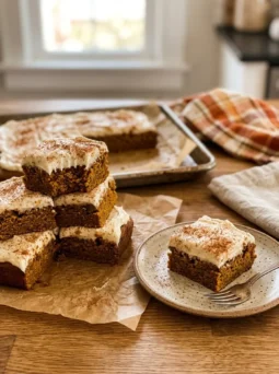 Pumpkin bars with thick cream cheese frosting cut into squares on parchment