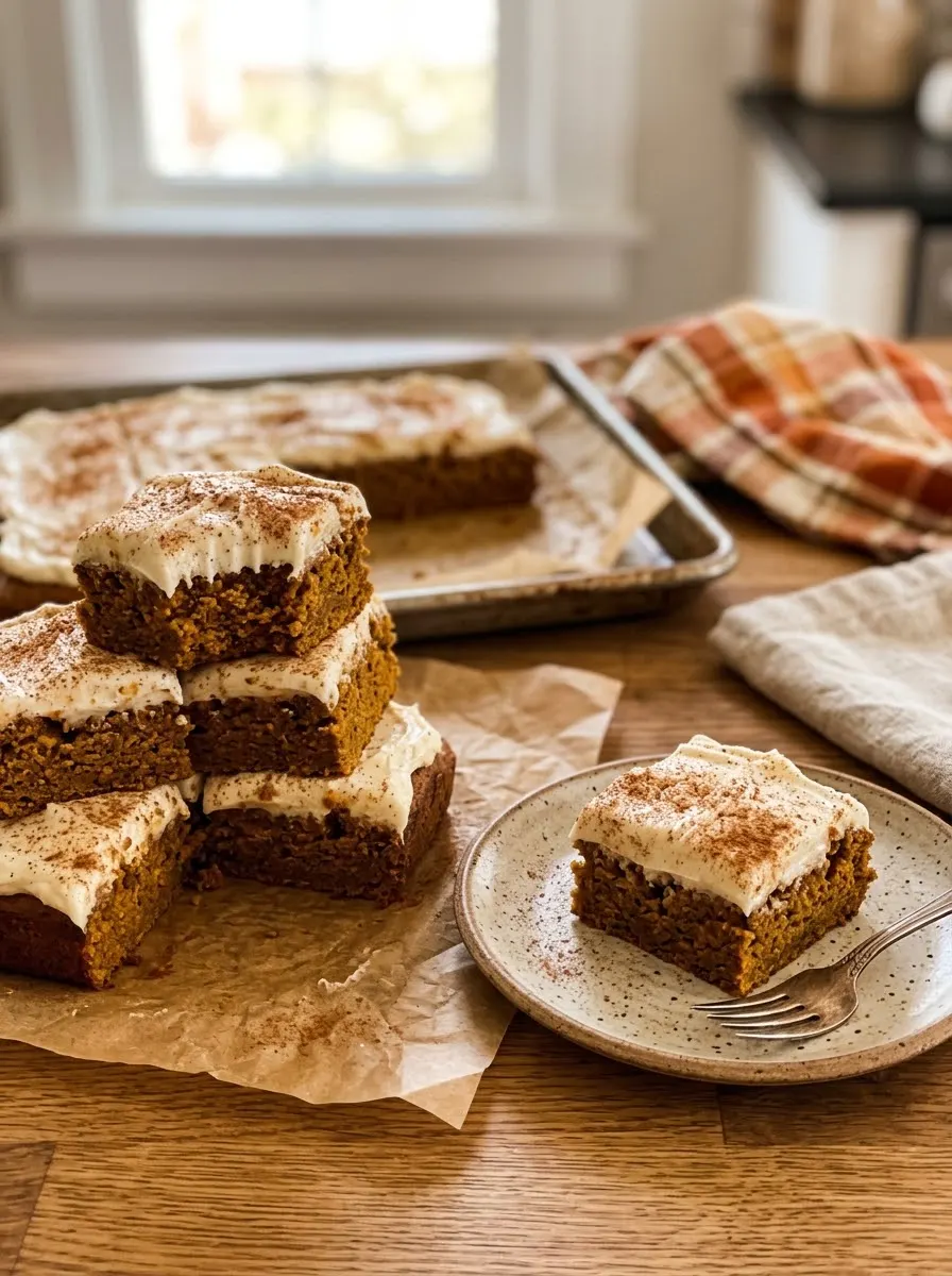 Pumpkin bars with thick cream cheese frosting cut into squares on parchment