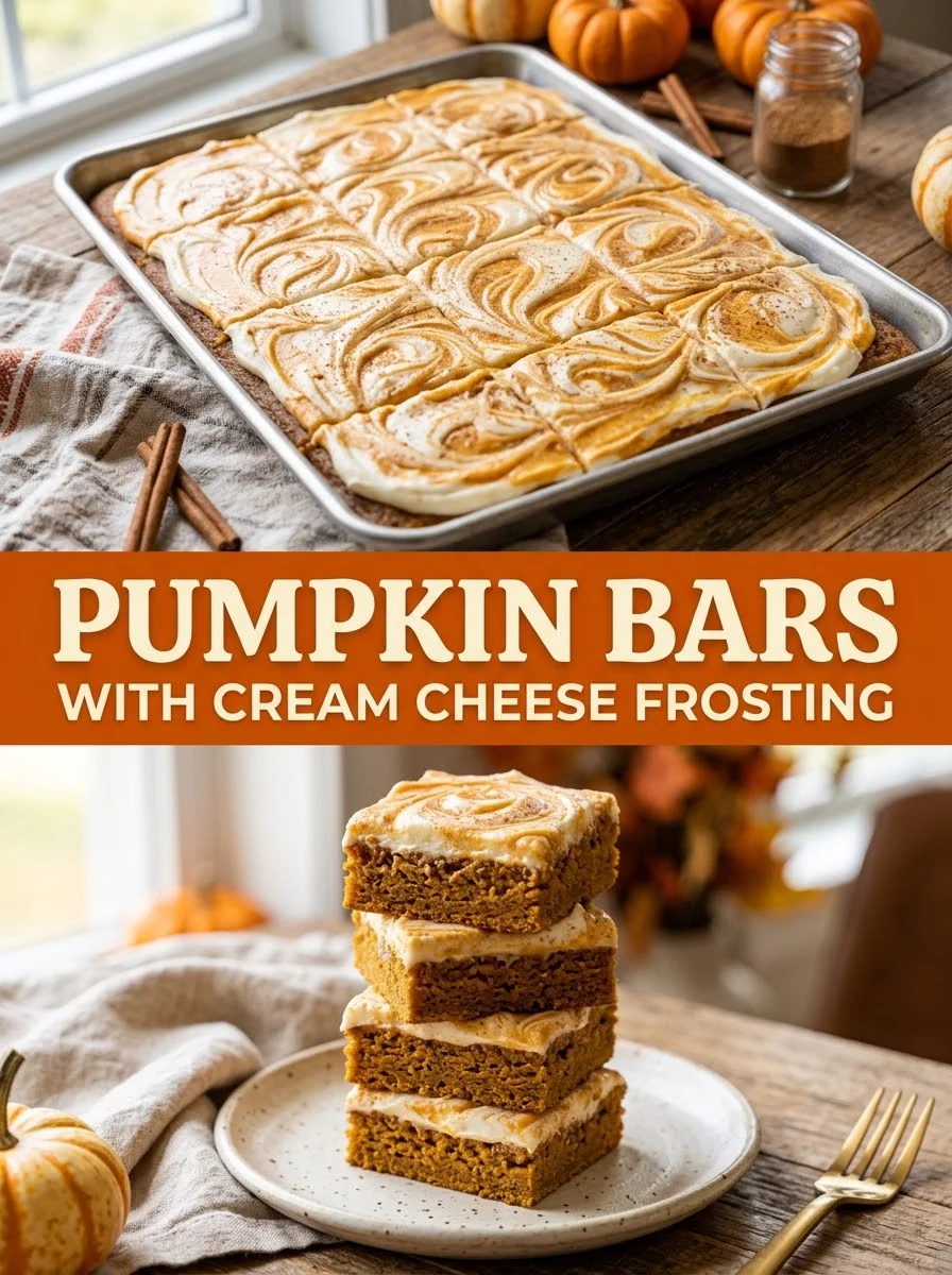 Easy pumpkin bars with cream cheese frosting on a sheet pan and stacked squares