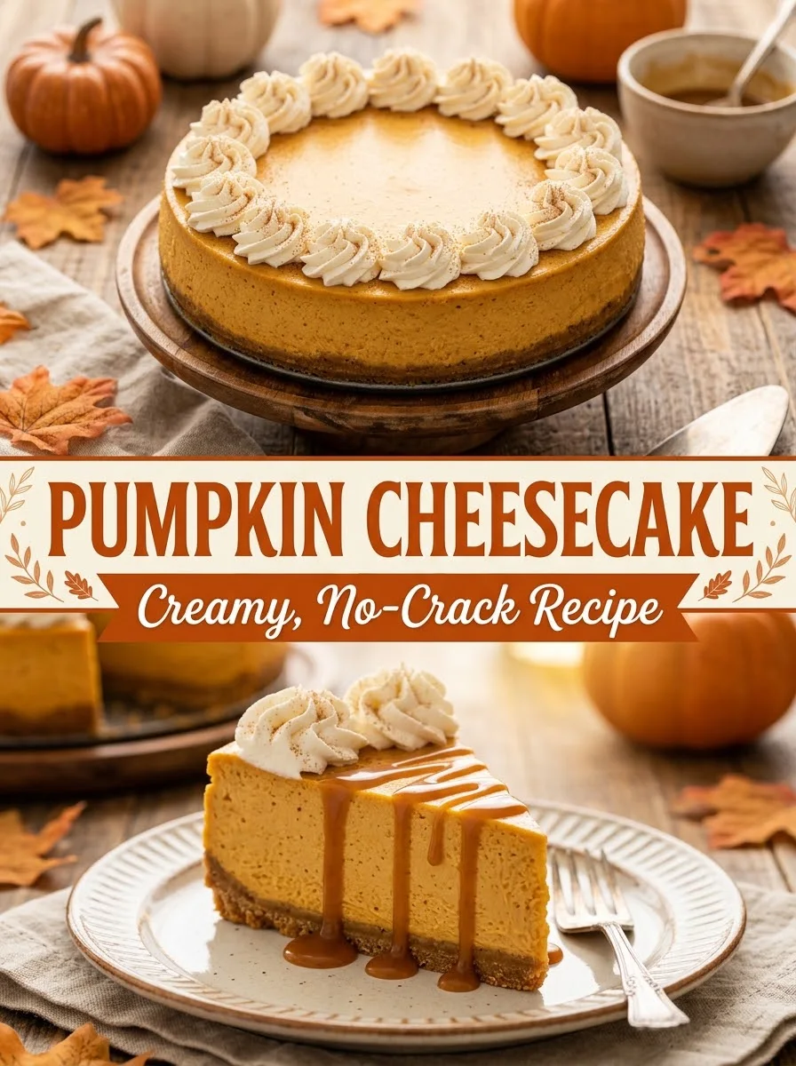Creamy no-crack pumpkin cheesecake recipe with whipped cream and caramel