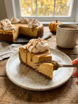 Slice of pumpkin cheesecake with gingersnap crust, whipped cream and caramel drizzle