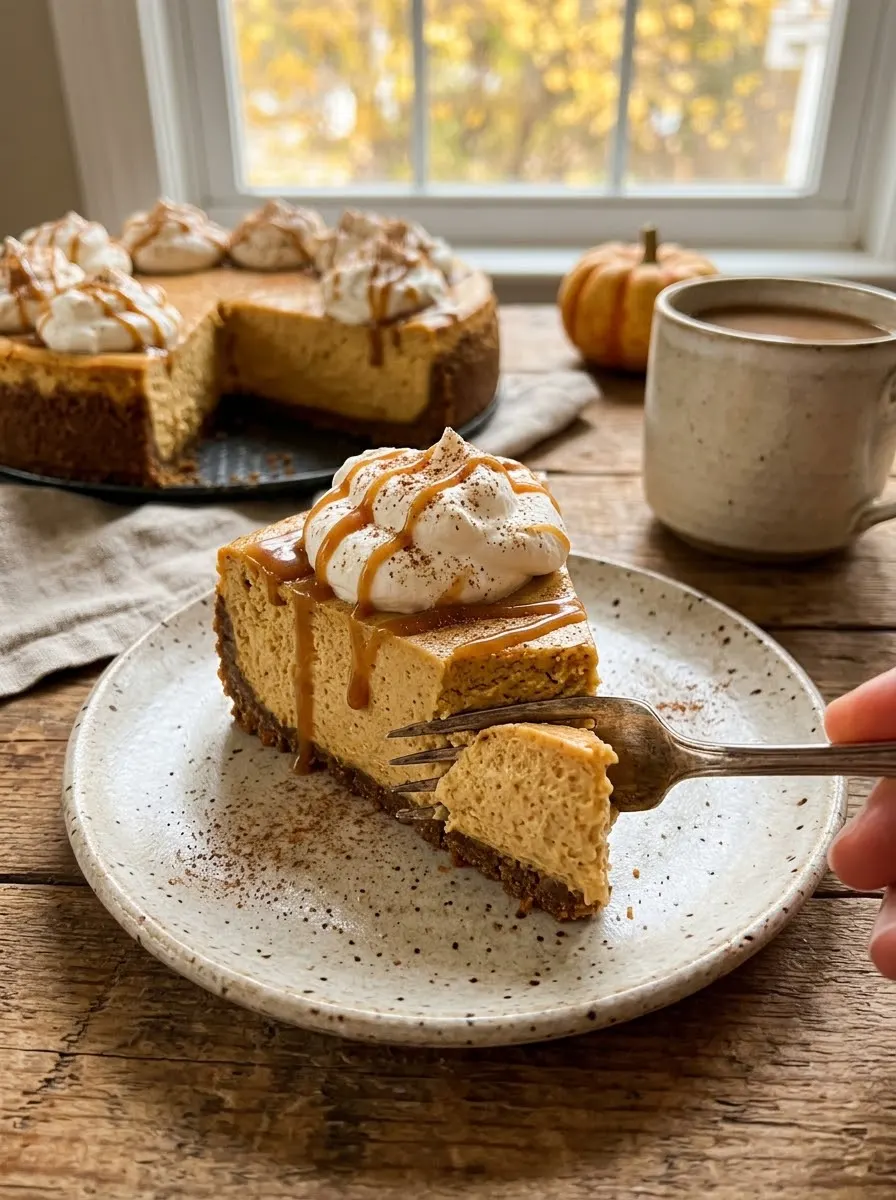 Slice of pumpkin cheesecake with gingersnap crust, whipped cream and caramel drizzle