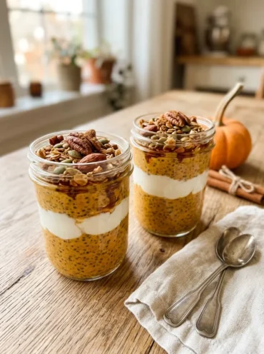 Jars of layered pumpkin chia pudding with Greek yogurt, granola, pecans and maple syrup