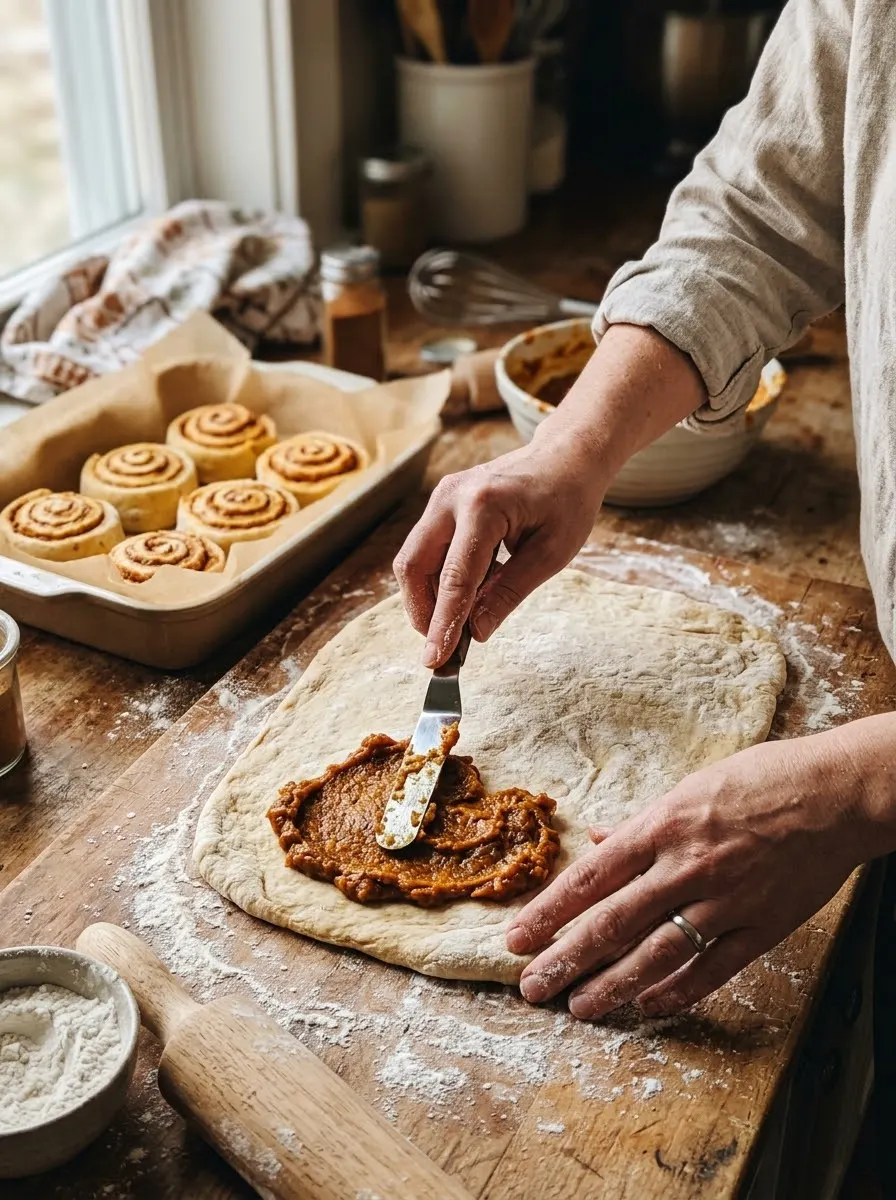 Spreading pumpkin cinnamon filling on rolled-out dough for pumpkin cinnamon rolls