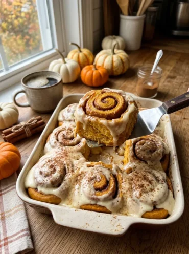 Pumpkin cinnamon rolls with cream cheese frosting in a baking dish, one lifted to show the swirl